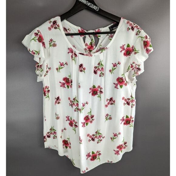 NY Invasion Floral Flutter Sleeve Blouse Sz Large - Picture 1 of 5
